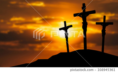 The Crucifixion Of Jesus Christ in twilight sky 3d rendering. 108945361