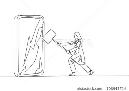 Single continuous line drawing Arabian businesswoman preparing to hit the big smartphone. Technology can destructive if not use properly. Intelligence is required. One line design vector illustration 108945714
