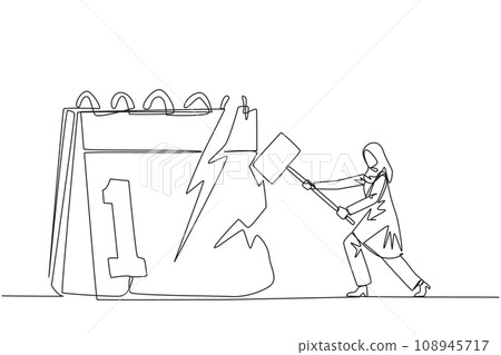 Single one line drawing Arabian businesswoman preparing to hit big desk calendar. Very angry expression. Lots of deadlines, holiday schedules become messy. Continuous line design graphic illustration 108945717