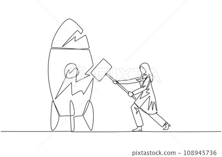 Single continuous line drawing Arabian businesswoman preparing to hit standing rocket. Rampage. Not ready to accept new technology. Not ready for competition. Lost. One line design vector illustration 108945736