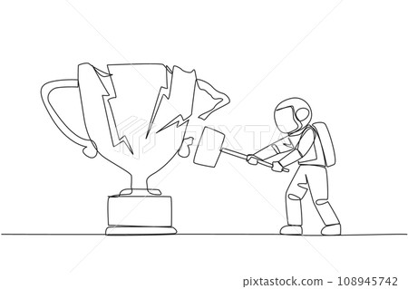 Single continuous line drawing young astronaut preparing to hit the big trophy. Rampage. Expressing mounting anger. Smashing the trophy with a sledgehammer. Failed. One line design vector illustration Single continuous line drawing young astronaut preparing to hit the big trophy. Rampage. Expressing mounting anger. Smashing the trophy with a sledgehammer. Failed. One line design vector illustration 108945742
