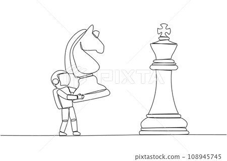 Single one line drawing young astronaut holds horse chess to beat king chess. Strategic planning, business development strategy, tactic entrepreneurship. Continuous line design graphic illustration Single one line drawing young astronaut holds horse chess to beat king chess. Strategic planning, business development strategy, tactic entrepreneurship. Continuous line design graphic illustration 108945745
