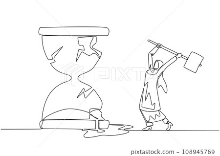Single one line drawing Arab businesswoman preparing to hit big hourglass. Remove reminder. Work without rules. Undisciplined. Detrimental to the company. Continuous line design graphic illustration 108945769