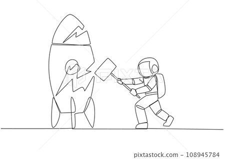 Single continuous line drawing young astronaut preparing to hit a standing rocket. Rampage. Not ready to accept new technology. Not ready for competition. Lost. One line design vector illustration Single continuous line drawing young astronaut preparing to hit a standing rocket. Rampage. Not ready to accept new technology. Not ready for competition. Lost. One line design vector illustration 108945784