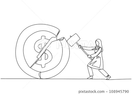 Continuous one line drawing Arab businesswoman preparing to hit coin with dollar symbol. Failed to get new investor. Failed to get income. Expressing anger. Single line draw design vector illustration Continuous one line drawing Arab businesswoman preparing to hit coin with dollar symbol. Failed to get new investor. Failed to get income. Expressing anger. Single line draw design vector illustration 108945790