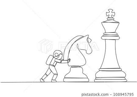 Continuous one line drawing young energetic astronaut push huge horse chess piece. Business strategy, marketing plan. Strategic move in business concept. Single line draw design vector illustration 108945795