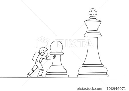 Single continuous line drawing young energetic astronaut push huge pawn chess piece. Business strategy and marketing plan. Strategic move in business concept. One line design vector illustration 108946071