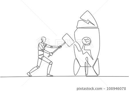Single one line drawing smart robotic preparing to hit a standing rocket. Rampage. Not ready to accept new technology. Not ready for competition. Lost. Continuous line design graphic illustration 108946078