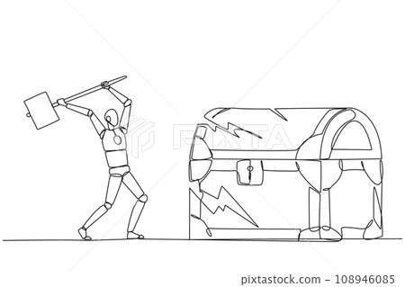 Continuous one line drawing smart robot preparing to hit big treasure chest. Rampage. Running out of capital. Steal. Doing dirty business. Not commendable. Single line draw design vector illustration Continuous one line drawing smart robot preparing to hit big treasure chest. Rampage. Running out of capital. Steal. Doing dirty business. Not commendable. Single line draw design vector illustration 108946085