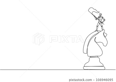 Single one line drawing robotic smart technology standing on top of the big horse chess and waving a flag. Business achievement goal, metaphor concept. Continuous line design graphic illustration Single one line drawing robotic smart technology standing on top of the big horse chess and waving a flag. Business achievement goal, metaphor concept. Continuous line design graphic illustration 108946095