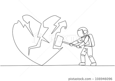 Single continuous line drawing young astronaut preparing to hit the big heart. Broken heart. Loss of concentration. Emotional feeling. No direction. Angry. Madness. One line design vector illustration Single continuous line drawing young astronaut preparing to hit the big heart. Broken heart. Loss of concentration. Emotional feeling. No direction. Angry. Madness. One line design vector illustration 108946096