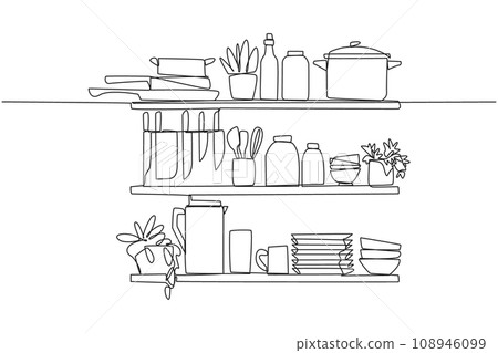 Continuous one line drawing Cooking utensils in one vector image. The layout is very neat. Minimalist design layout. Far from being messy. Clean and clear. Single line draw design vector illustration 108946099