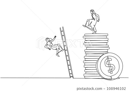 Single continuous line drawing Arab businessman kicks opponent who climbs a pile of coins with a ladder. Greed for wealth. Forgetting comrades in arms. The traitor. One line design vector illustration 108946102