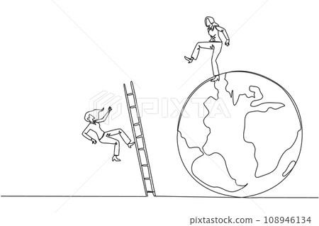 Single continuous line drawing businesswoman kicks opponent who is climbing the globe with a ladder. Failed to be on top of the world. Dropped by business friend. One line design vector illustration Single continuous line drawing businesswoman kicks opponent who is climbing the globe with a ladder. Failed to be on top of the world. Dropped by business friend. One line design vector illustration 108946134