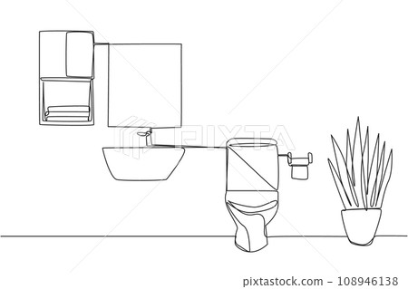 Single continuous line drawing stylish bathroom with full furniture modern. Well maintained dry type bathroom. Hygienic bathroom. Simple design interior. Clean. One line design vector illustration 108946138