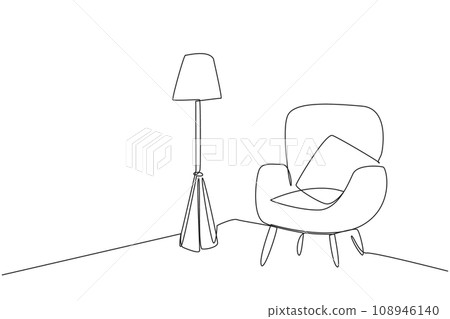 Single one line drawing stylish room with full furniture modern. A minimalist room with a trendy style. Comfortable sofa side by side with floor lamp. Cozy. Continuous line design graphic illustration 108946140