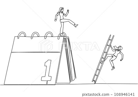 Continuous one line drawing businesswoman kicks opponent who is climbing a desk calendar with a ladder. Vacations will be canceled due to many deadlines. Single line draw design vector illustration Continuous one line drawing businesswoman kicks opponent who is climbing a desk calendar with a ladder. Vacations will be canceled due to many deadlines. Single line draw design vector illustration 108946141