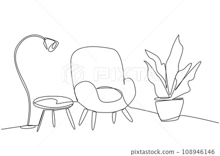 Single continuous line drawing stylish room with full furniture modern. Clean room used to relax on weekend. Soft chairs are equipped with floor lamps. Minimalist. One line design vector illustration 108946146