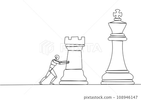 Single one line drawing smart robot future technology push huge rook chess piece. Business strategy and marketing plan. Strategic move in business concept. Continuous line design graphic illustration Single one line drawing smart robot future technology push huge rook chess piece. Business strategy and marketing plan. Strategic move in business concept. Continuous line design graphic illustration 108946147