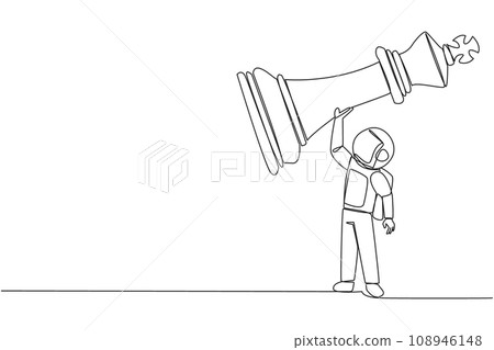 Single continuous line drawing young strong astronaut holding, lifting king chess piece. Successful entrepreneurship tactics or strategy, superiority in business. One line design vector illustration 108946148