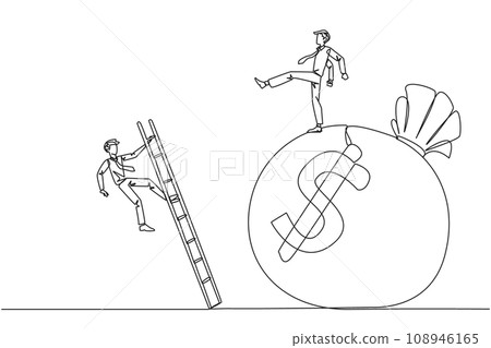 Single one line drawing businessman kicks opponent who is climbing the money bag with a ladder. Cheated by a business partner. Unprofitable business. Rival. Continuous line design graphic illustration 108946165