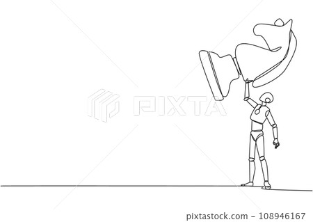 Single one line drawing smart strong robotic holding, lifting horse chess piece. Successful entrepreneurship tactics, strategy, superiority in business. Continuous line design graphic illustration 108946167