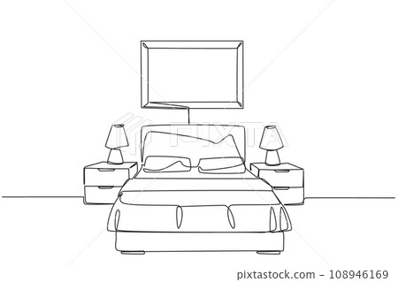 Single continuous line drawing stylish room with full furniture modern. Luxurious interior. Fully furnished. Bedroom. Hotel rooms. Very cozy rooms. Staycation. One line design vector illustration 108946169