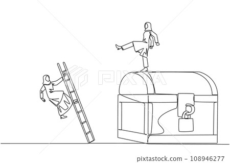 Single continuous line drawing Arabian businesswoman kicks opponent who climbs treasure chest with ladder. Greed for wealth. Betrayal. Unfair business competition. One line design vector illustration Single continuous line drawing Arabian businesswoman kicks opponent who climbs treasure chest with ladder. Greed for wealth. Betrayal. Unfair business competition. One line design vector illustration 108946277
