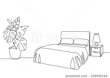Single one line drawing stylish bed room with full furniture modern. Modern minimalist design. Comfortable bedroom with a comfortable mattress. Cozy room. Continuous line design graphic illustration 108946284