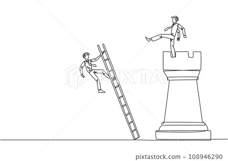 Single one line drawing businessman kicks opponent who climbing the chess rook with ladder. Wrong move. Wrong strategy. Plan leaked by colleague. Traitor. Continuous line design graphic illustration 108946290