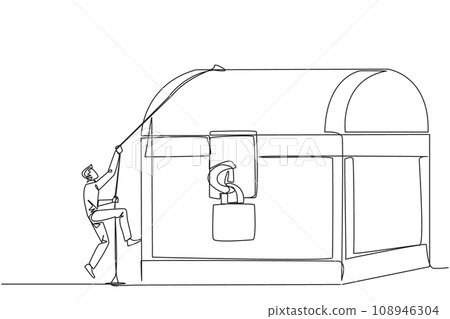 Single continuous line drawing businessman climbs treasure chest with rope. Do the best business to achieve lots of rewards. The result of hard work. Satisfied. One line design vector illustration Single continuous line drawing businessman climbs treasure chest with rope. Do the best business to achieve lots of rewards. The result of hard work. Satisfied. One line design vector illustration 108946304
