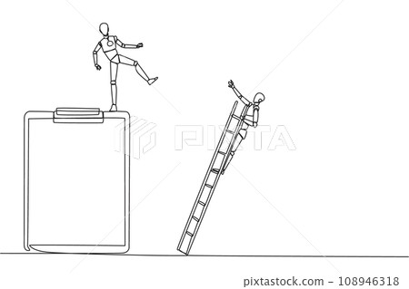 Single continuous line drawing smart robot kicks opponent who is climbing a big clipboard with a ladder. The bully will ruin the daily report. Chase away bullies. One line design vector illustration Single continuous line drawing smart robot kicks opponent who is climbing a big clipboard with a ladder. The bully will ruin the daily report. Chase away bullies. One line design vector illustration 108946318