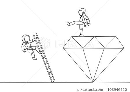 Single one line drawing astronaut kicks rival who is climbing the diamond with a ladder. Knocking rival down from achieving a glorious position together. Continuous line design graphic illustration 108946320