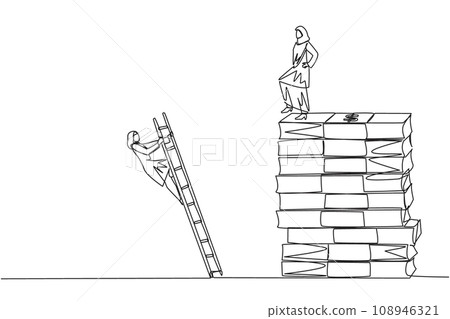Single one line drawing Arab businesswoman kicks opponent who climbs pile of banknotes with ladder. Struggle together but want to achieve big profit alone. Continuous line design graphic illustration 108946321
