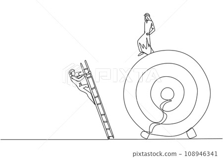 Single continuous line drawing Arab businessman kicks colleague who climbs the target arrow board with a ladder. The metaphor of getting rid of business destroyers. One line design vector illustration Single continuous line drawing Arab businessman kicks colleague who climbs the target arrow board with a ladder. The metaphor of getting rid of business destroyers. One line design vector illustration 108946341