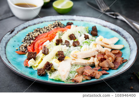 different types of meat, sesame seeds, greens and croutons, side view different types of meat, sesame seeds, greens and croutons, side view 108946400