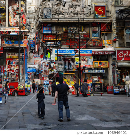 A man and child walking in a street with many colorful signs. 108946401
