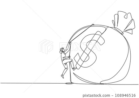 Continuous one line drawing businesswoman climbing money bag with rope. Work harder to get a very large retirement fund. Bring out abilities to the maximum. Single line draw design vector illustration Continuous one line drawing businesswoman climbing money bag with rope. Work harder to get a very large retirement fund. Bring out abilities to the maximum. Single line draw design vector illustration 108946516