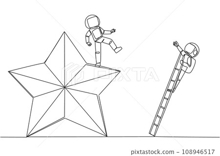Continuous one line drawing astronaut kicks opponent who is climbing the star with the ladder. Dropping opponents from achieving the same dream. The rival. Single line draw design vector illustration 108946517
