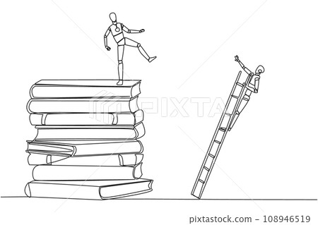 Continuous one line drawing smart robot kicks opponent who climbing a pile of books with a ladder. Failed to gain access to profitable business principles. Single line draw design vector illustration 108946519