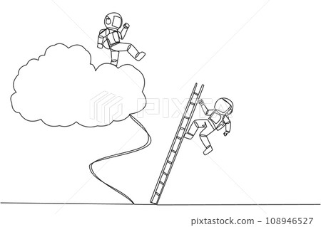 Single continuous line drawing astronaut kicks opponent who climbing the cloud with a ladder. Perfect achievement in business. Bring down competitors in any way. One line design vector illustration 108946527