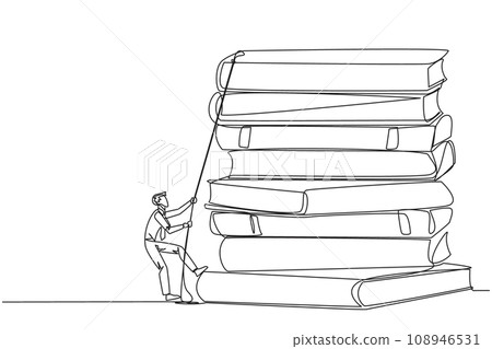 Single one line drawing businessman climbing a pile of books with a rope. Try hard to gain new knowledge for the smooth running of business. Satisfied. Continuous line design graphic illustration Single one line drawing businessman climbing a pile of books with a rope. Try hard to gain new knowledge for the smooth running of business. Satisfied. Continuous line design graphic illustration 108946531