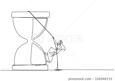 Single continuous line drawing Arab businessman climbs hourglass with rope. The countdown is set. Deadline is coming soon. Time management must be good. Work smart. One line design vector illustration 108946533
