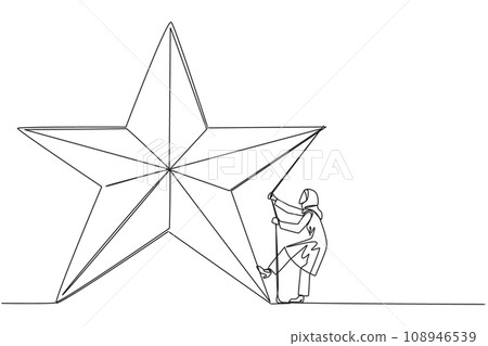 Single continuous line drawing Arabian businesswoman climbing star with rope. Entrepreneurs strive extra hard to reach the goals hang in the stars. Dream come true. One line design vector illustration Single continuous line drawing Arabian businesswoman climbing star with rope. Entrepreneurs strive extra hard to reach the goals hang in the stars. Dream come true. One line design vector illustration 108946539