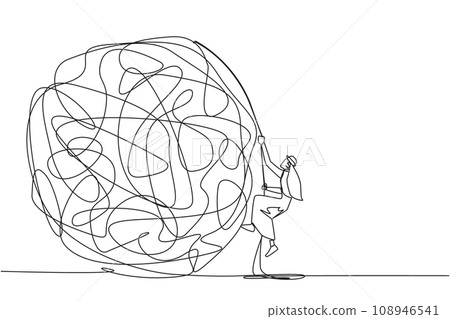 Single one line drawing Arab businessman climbs heavy mess circle with the rope. Trying to lay anxiety at the feet. For clarity of thought. Smart work hard. Continuous line design graphic illustration Single one line drawing Arab businessman climbs heavy mess circle with the rope. Trying to lay anxiety at the feet. For clarity of thought. Smart work hard. Continuous line design graphic illustration 108946541