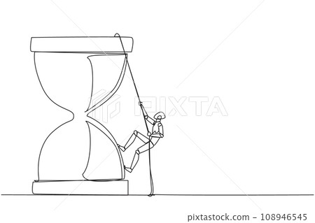 Single continuous line drawing smart robot climbs hourglass with the rope. The countdown is set. Deadline is coming soon. Time management must be good. Work smart. One line design vector illustration Single continuous line drawing smart robot climbs hourglass with the rope. The countdown is set. Deadline is coming soon. Time management must be good. Work smart. One line design vector illustration 108946545