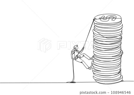 Single one line drawing businesswoman climbs stack of coins with rope. The entrepreneur trying hard climbing the rope to reach top of coins. Better future. Continuous line design graphic illustration Single one line drawing businesswoman climbs stack of coins with rope. The entrepreneur trying hard climbing the rope to reach top of coins. Better future. Continuous line design graphic illustration 108946546
