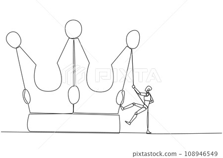 Continuous one line drawing the robot climbing crown with rope. Prepare for a better life by working hard to achieve the highest position. The hard worker. Single line draw design vector illustration Continuous one line drawing the robot climbing crown with rope. Prepare for a better life by working hard to achieve the highest position. The hard worker. Single line draw design vector illustration 108946549