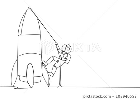 Single one line drawing young astronaut climbs rocket with rope. Set the intention to open a new branch. Work hard to expand the business. Smart hard work. Continuous line design graphic illustration Single one line drawing young astronaut climbs rocket with rope. Set the intention to open a new branch. Work hard to expand the business. Smart hard work. Continuous line design graphic illustration 108946552