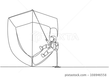 Single one line drawing astronaut climbs shield with rope. Working to help clients secure servers from virus attacks. Check each layer. IT entrepreneur. Continuous line design graphic illustration Single one line drawing astronaut climbs shield with rope. Working to help clients secure servers from virus attacks. Check each layer. IT entrepreneur. Continuous line design graphic illustration 108946558